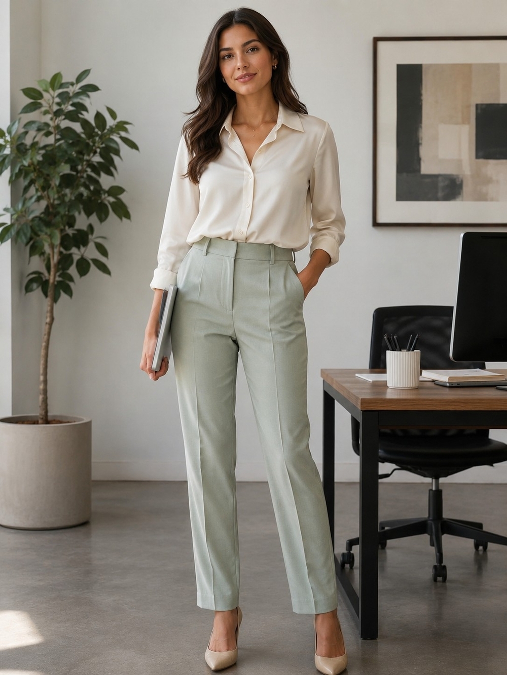 Zara Light Sage High-Waist Straight Trousers
